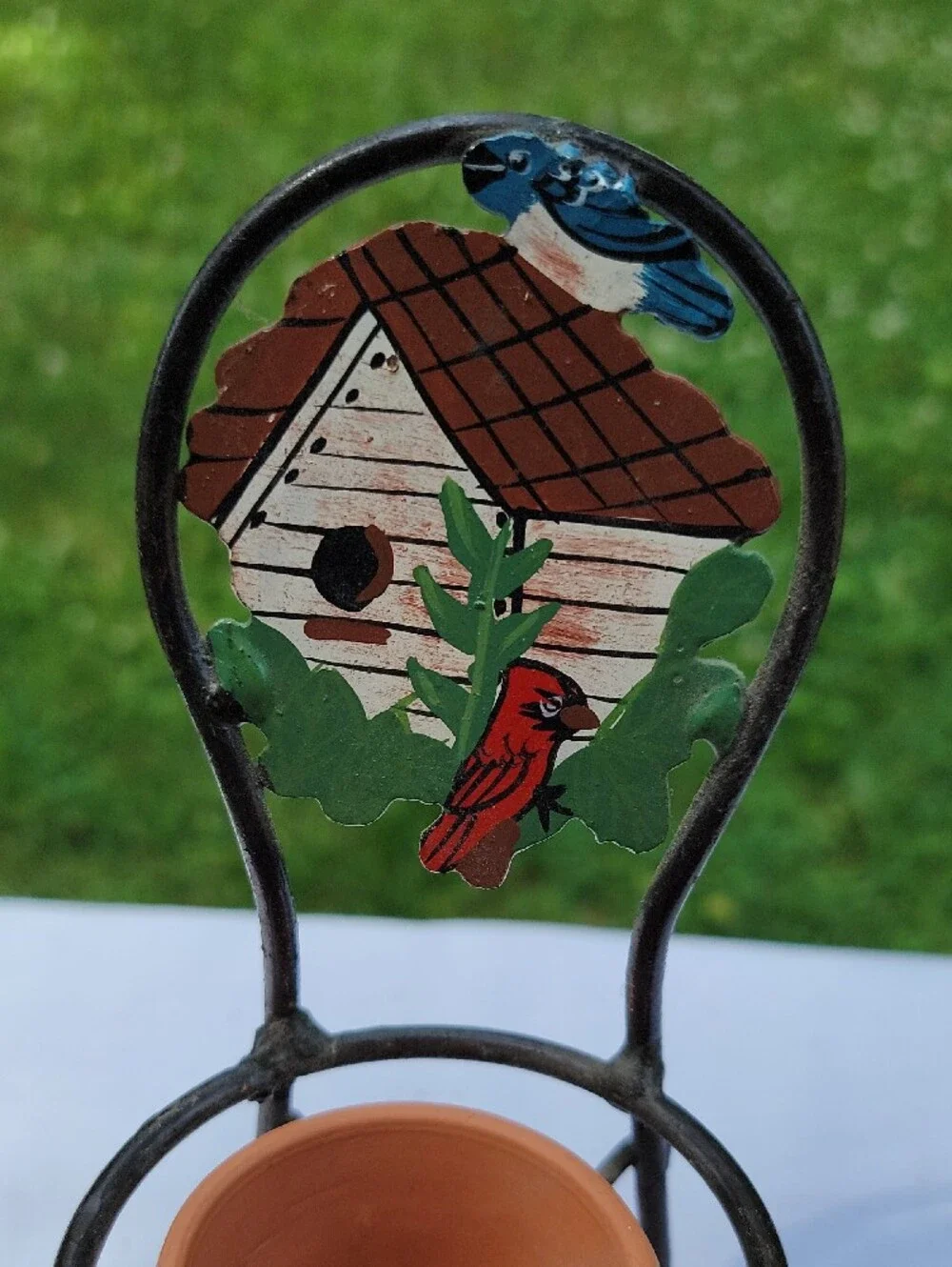 Decorative Iron Mini Chair Planter with Hand-Painted Birdhouse and Cardinal